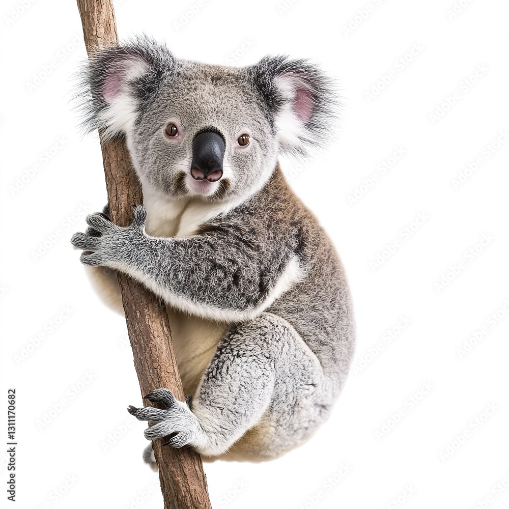 Naklejka premium Koala clinging to tree branch on white background