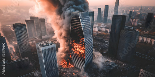 Obraz na płótnie Burning Metropolis Digital Illustration of Cityscape Disaster Scene w salonie