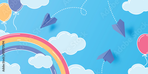 Paper planes on blue sky background. Vector realistic illustration of origami message, mail, travel symbols flying on backdrop with color rainbow and air balloons, school banner, tourism newsletter