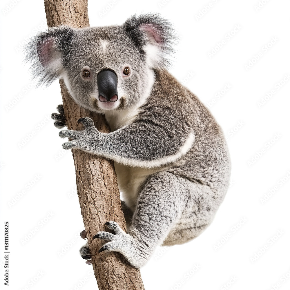 Naklejka premium Koala clinging to tree on white background