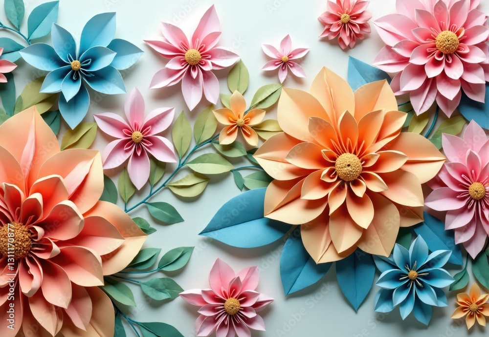 Arrangement of Pastel Paper Flowers and Leaves Arrangement of Pastel Paper Flowers and Leaves