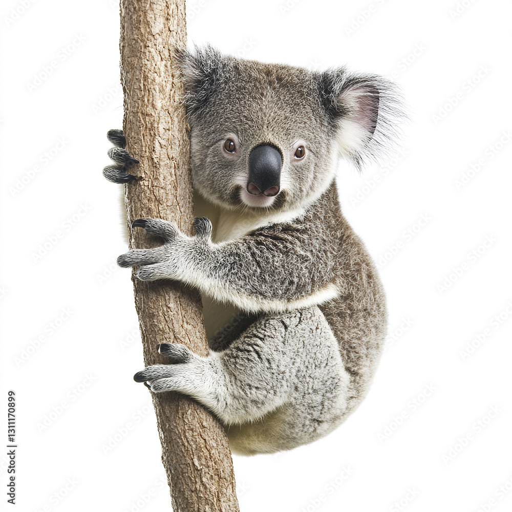 Obraz premium Koala clinging to tree on white background