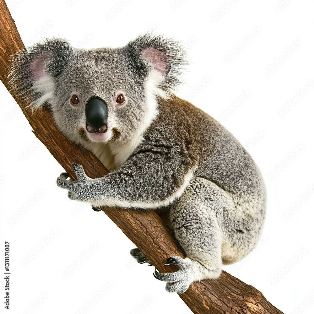Fototapeta premium Koala clinging to branch on white background