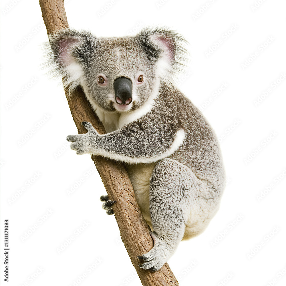 Naklejka premium Koala clinging to tree branch on white background