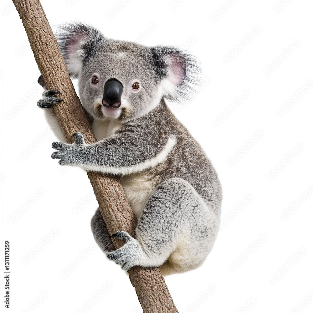 Naklejka premium Koala clinging to tree branch on white background
