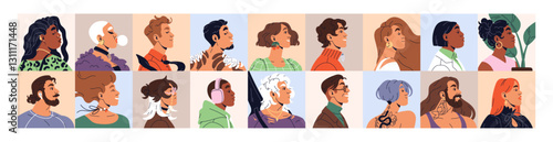 Diverse people avatars set. Trendy portraits of different men and women side view. Faces of various modern male and female for user profile. Flat isolated vector illustrations on white background