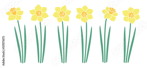 Set of yellow daffodil flowers with stems and leaves