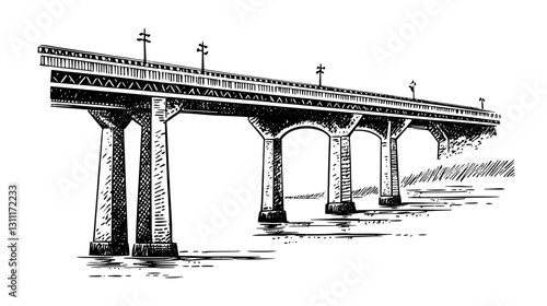 Engraved vector illustration of a bridge spanning a river with intricate details and bold lines