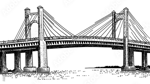 Detailed vector engraving of a bridge showcasing architectural design with surrounding water and a distant landmass