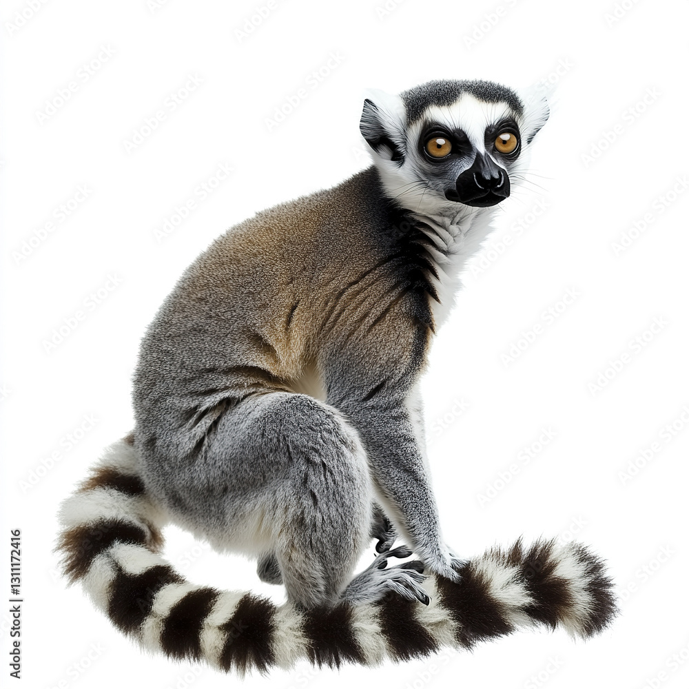 Obraz premium Ring tailed lemur sitting on white background, looking alert