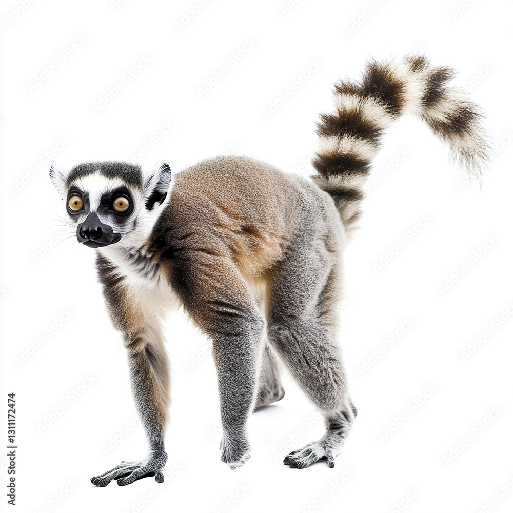 Fototapeta premium Ring tailed lemur standing on white background, looking curious