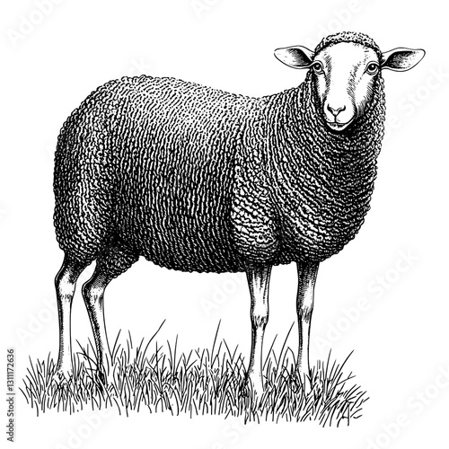 Detailed engraved sheep illustration showcasing wool texture, natural surroundings, and lifelike features in vector art form