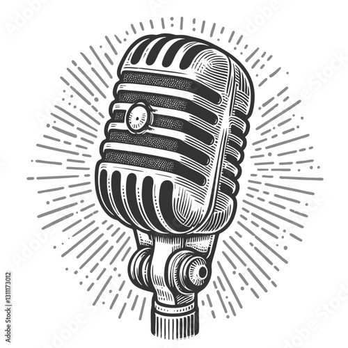 retro microphone on a stand, perfect for music, podcasts, or broadcasting themes sketch engraving generative ai vector illustration. Scratch board imitation. Black and white image.