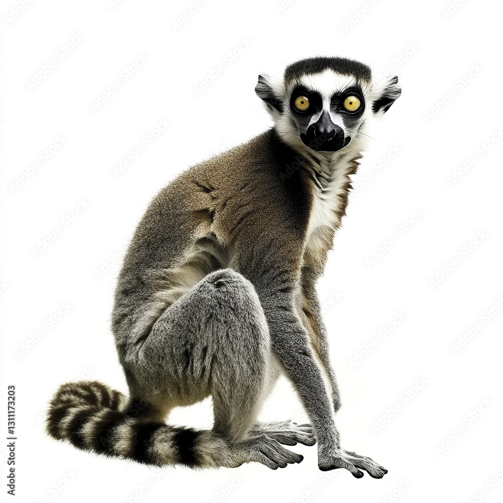 Fototapeta premium Lemur sitting on white background, looking alert and curious