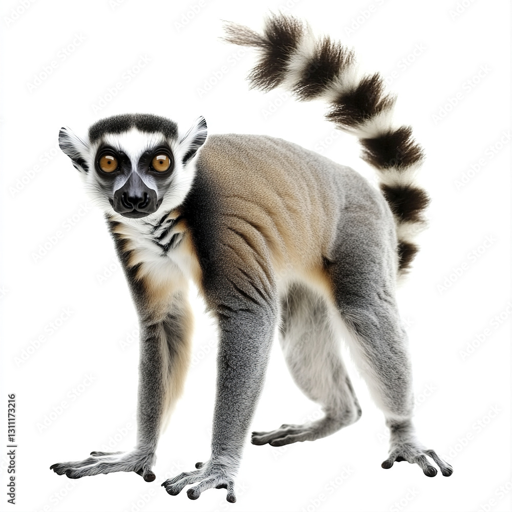 Fototapeta premium Lemur standing on white background with striped tail