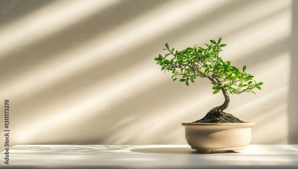 Bonsai in Sunlight on White Table Bonsai in Sunlight on White Table