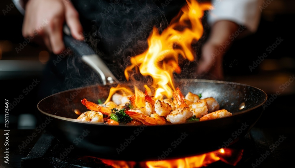 Chef flamb?s shrimp and vegetables in a hot pan in kitchen Chef flamb?s shrimp and vegetables in a hot pan in kitchen