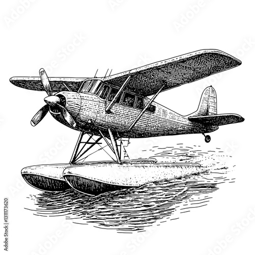 Engraved vector illustration of a seaplane taking off from the water on a sunny day