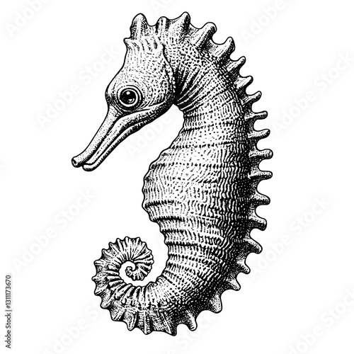 Engraved vector tattoo design featuring a detailed seahorse illustration in black and white style showcasing its unique features photo