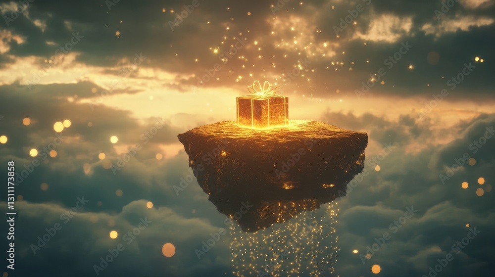 Fototapeta premium A glowing present resting on a floating island high in the sky, a cascade of sparkles trailing downwards.