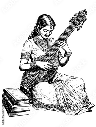 Elegant woman playing a string instrument while seated by a stack of books in a traditional attire