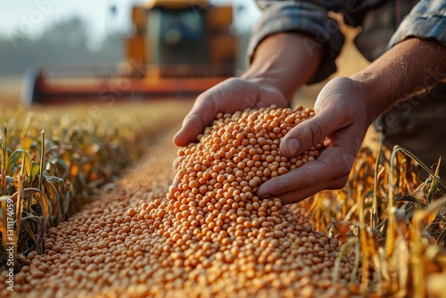 Harvesting soybeans in a golden field at sunset with hands full of fresh grains for a bountiful agricultural season photo