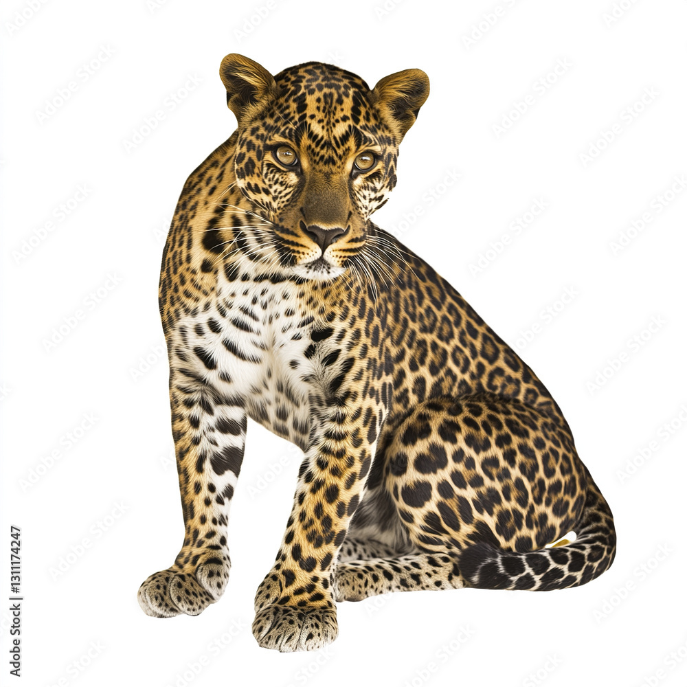 Leopard sitting on white background, showcasing its spotted fur Leopard sitting on white background, showcasing its spotted fur