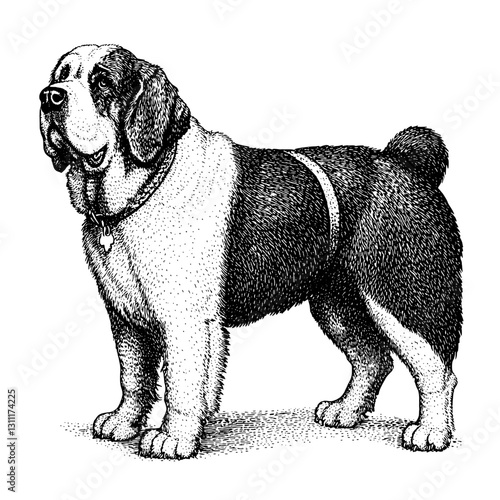 Engraved tattoo design featuring a detailed vector illustration of a Saint Bernard dog in a standing pose