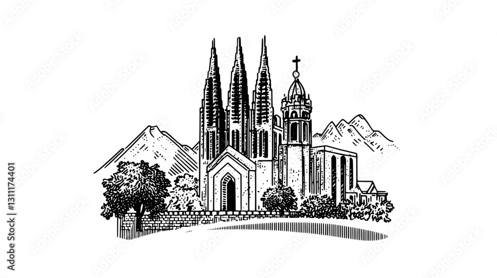Fototapeta premium Engraved vector design of a historic church surrounded by mountains captures intricate details and artistic elements