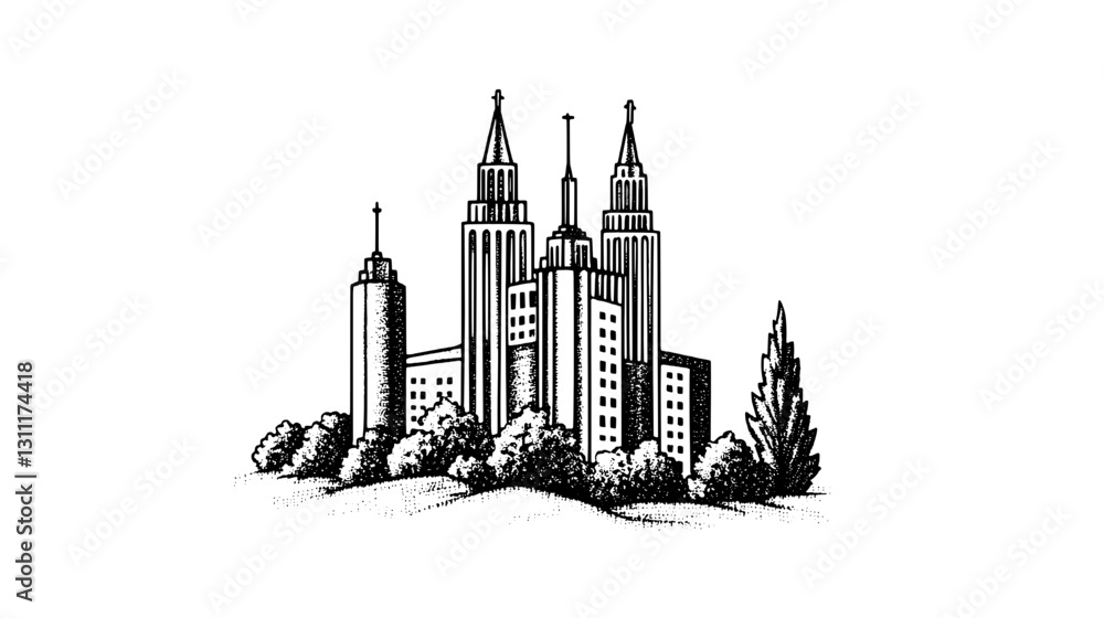 Engraved vector tattoo design featuring an ornate building with spires and surrounding greenery Engraved vector tattoo design featuring an ornate building with spires and surrounding greenery