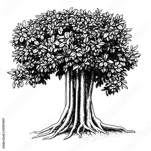 Engraved vector tattoo design featuring a detailed tree with lush foliage and well-defined roots