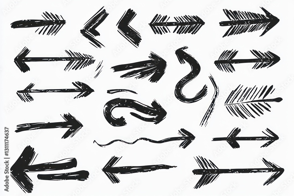 Hand-drawn black ink arrows set, featuring various curved and linear strokes. Hand-drawn black ink arrows set, featuring various curved and linear strokes.