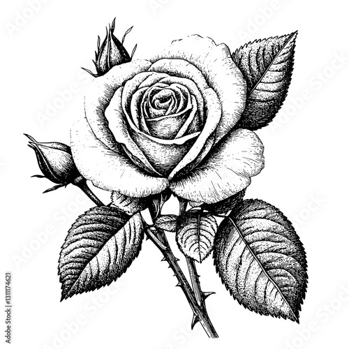 Engraved vector design showcasing a beautifully detailed rose tattoo with intricate leaves and thorns