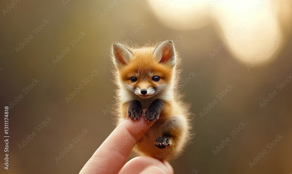 Obraz premium A tiny fox cub perched on the tip of someone's finger