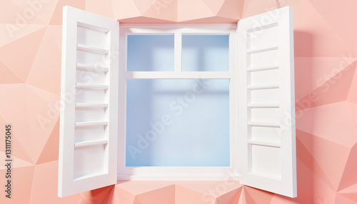 White shuttered window on pastel pink geometric wal