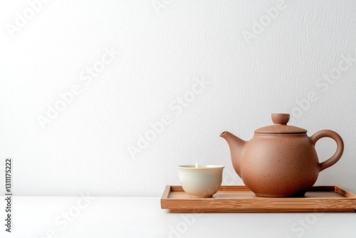 Wallpaper Mural Elegant teapot and cup on wooden tray, showcasing minimalist des Torontodigital.ca