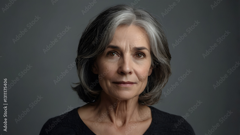 Minimalism. Studio portrait of a naturally aging elegant gray-haired elderly woman in an interior and clothes of calm tones. The concept of the elderly. Minimalism. Studio portrait of a naturally aging elegant gray-haired elderly woman in an interior and clothes of calm tones. The concept of the elderly.