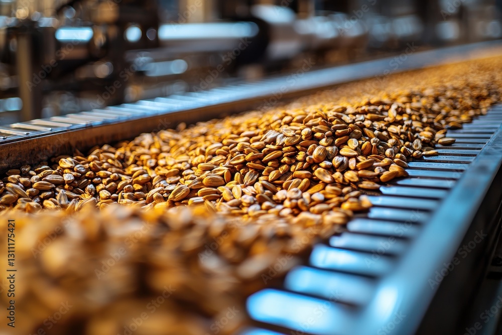 Fototapeta premium Coffee beans processed on conveyor belt in busy facility during daylight hours