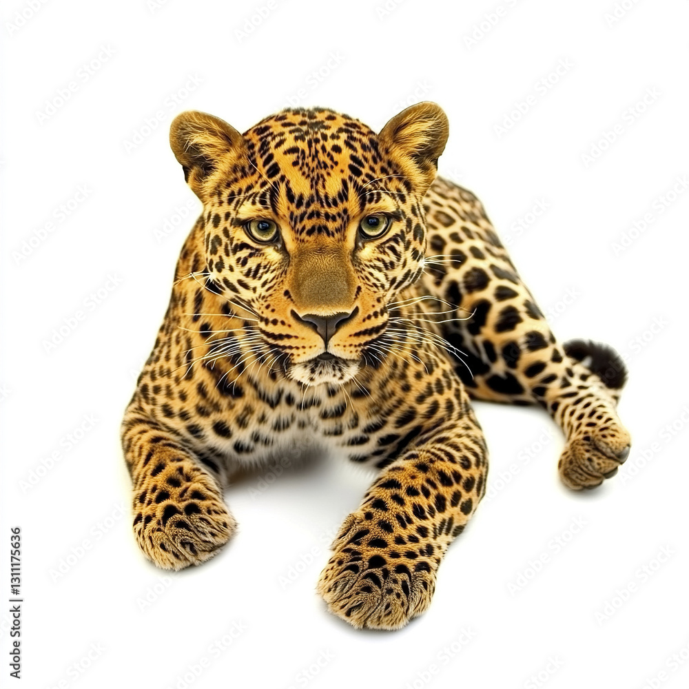 Leopard lying on white background, looking alert and relaxed Leopard lying on white background, looking alert and relaxed
