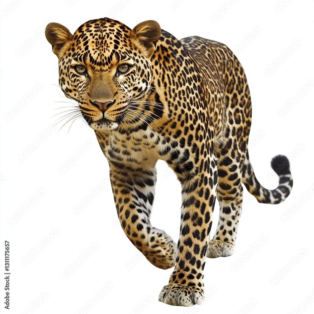 Fototapeta premium Leopard walking on white background, showcasing its spotted fur