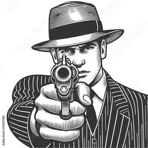 serious-faced gangster in a fedora and pinstripe suit, aiming handgun directly forward in a dramatic noir-style pose sketch engraving generative ai vector illustration. Scratch board. Black and white