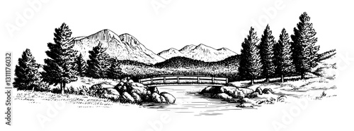 Engraved vector art depicting a serene landscape with a bridge over water surrounded by mountains and trees