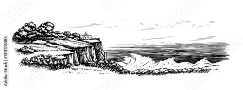 Engraved vector tattoo design of a cliffside chapel overlooking a turbulent sea and distant mountains