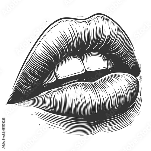 Female full lips slightly biting the lower lip, symbolizing sensuality, flirtation, expressive emotion in classic artistic detail sketch engraving generative ai vector illustration. Black and white