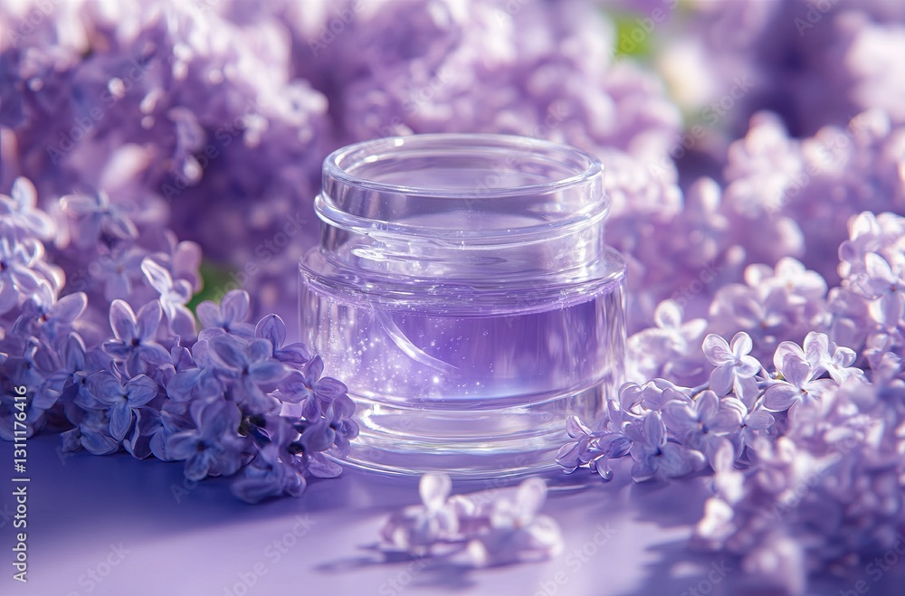 A transparent glass jar of face cream surrounded by lilac flowers A transparent glass jar of face cream surrounded by lilac flowers