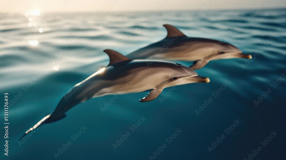 Obraz premium Dolphins glide gracefully through sparkling ocean waters, showca