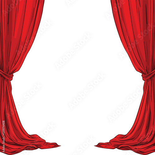 Vector Flat Cartoon Illustration with Red Curtains — Theater Stage or Elegant Interior Design