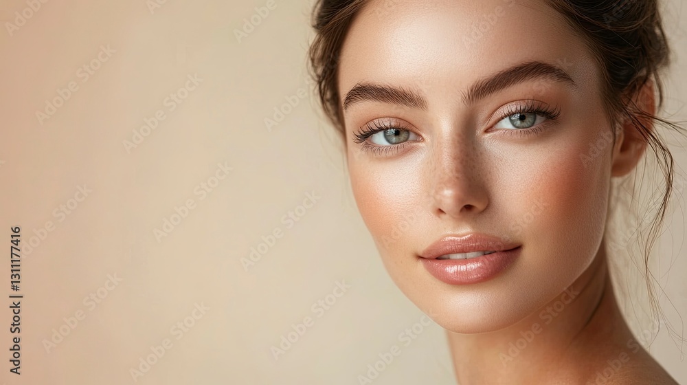 Beautiful woman with flawless skin on a beige background, close-up portrait of a beautiful young girl with natural makeup and clean, healthy facial features, a banner for a beauty concept. Beauty fash Beautiful woman with flawless skin on a beige background, close-up portrait of a beautiful young girl with natural makeup and clean, healthy facial features, a banner for a beauty concept. Beauty fash