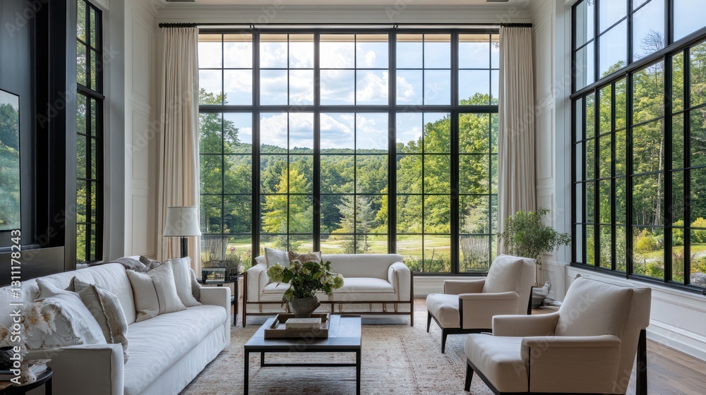 Modern living room with large windows overlooking a landscape. Interior design Modern living room with large windows overlooking a landscape. Interior design