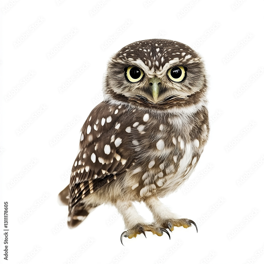Fototapeta premium Little owl with striking eyes isolated on white background